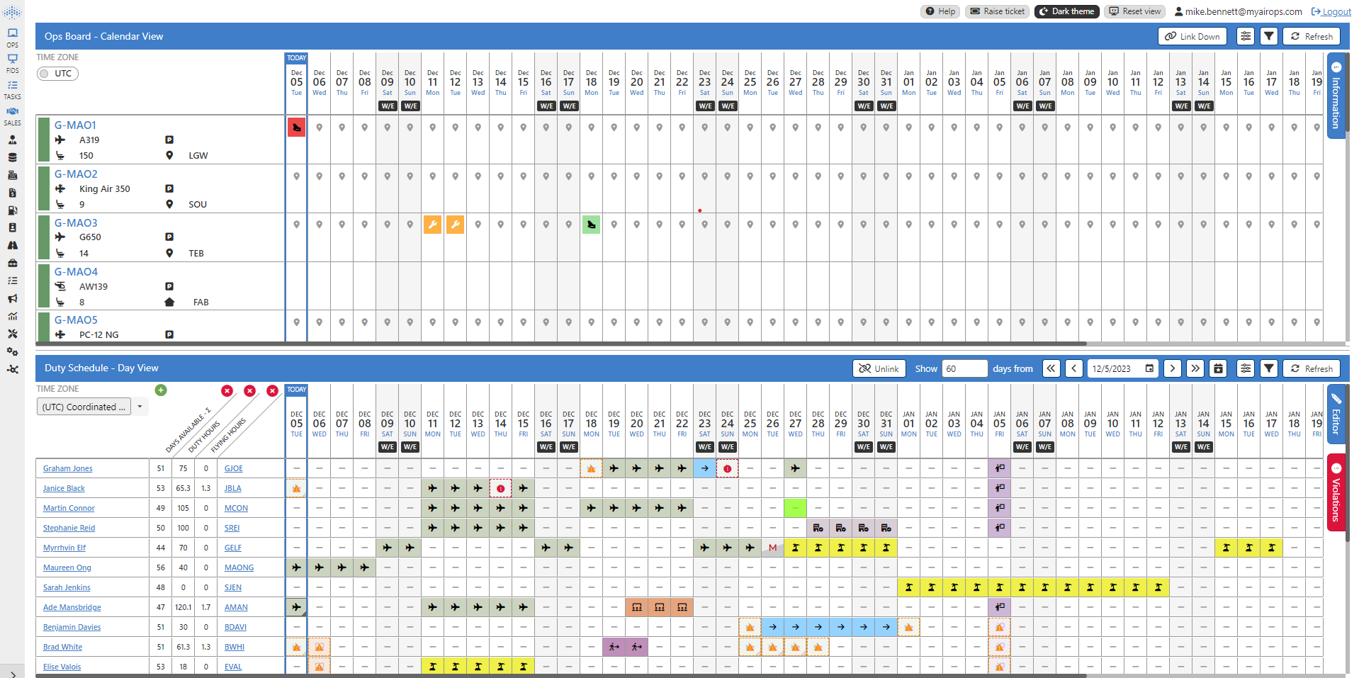 Image of the myairops flight split view dashboard with the ops board on top and the duty schedule view below.
