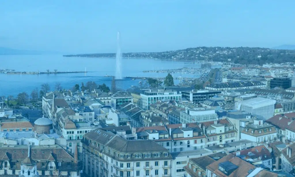 Aerial view of a city and water